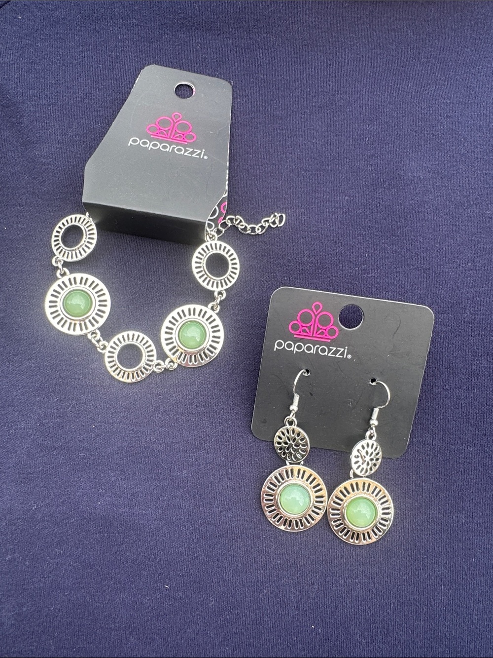 paparazzi Silver Cirque Bracelet and Dangle Earrings with Green Accents